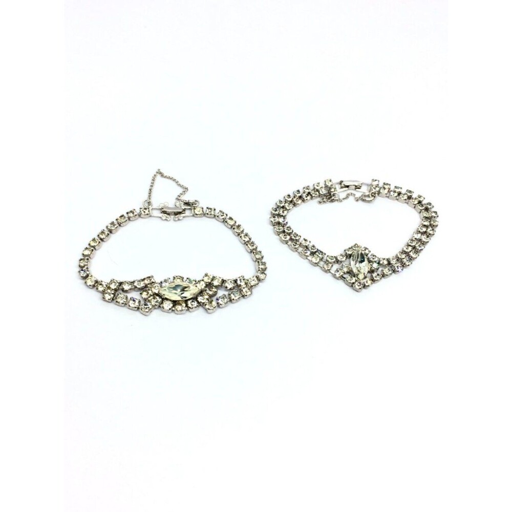 Rhinestone Tennis Bracelet Set Silver Tone Marquise Crystal Vintage Bridal Weddi
